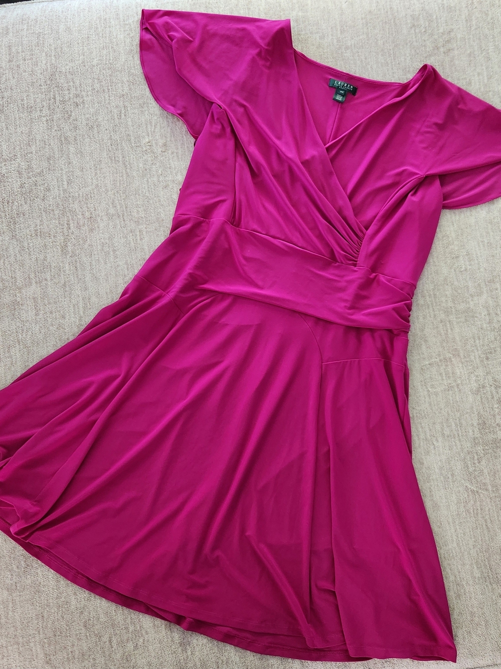 Lauren Ralph Lauren Magenta Faux Wrap Dress  Sleeve V-Neck Jersey Midi Size18w